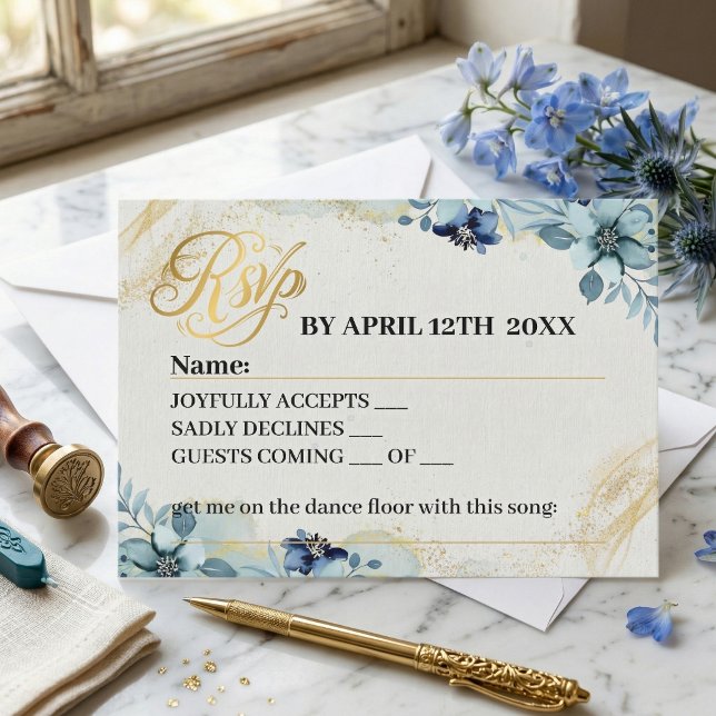 Carte de réponse de mariage florale rustique bleu  (Blue White Rustic Floral Wedding Reply Card | Boho Vintage Blooms)
