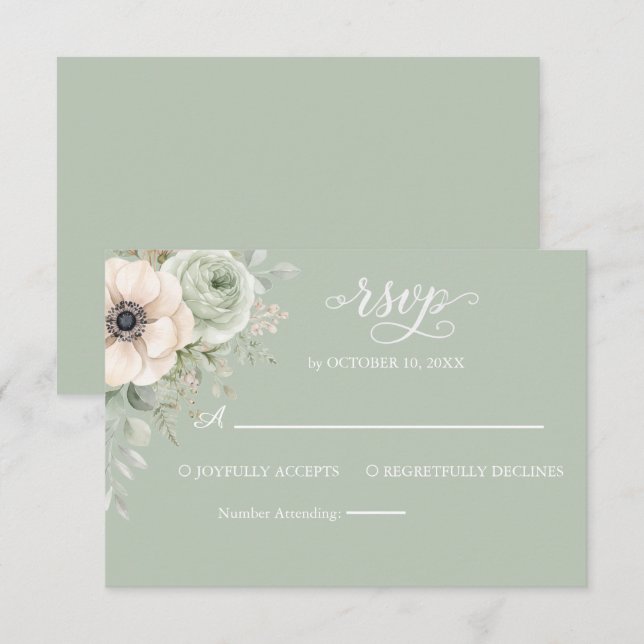 Carte de réponse de mariage florale vert sauge Ané (Devant / Derrière)
