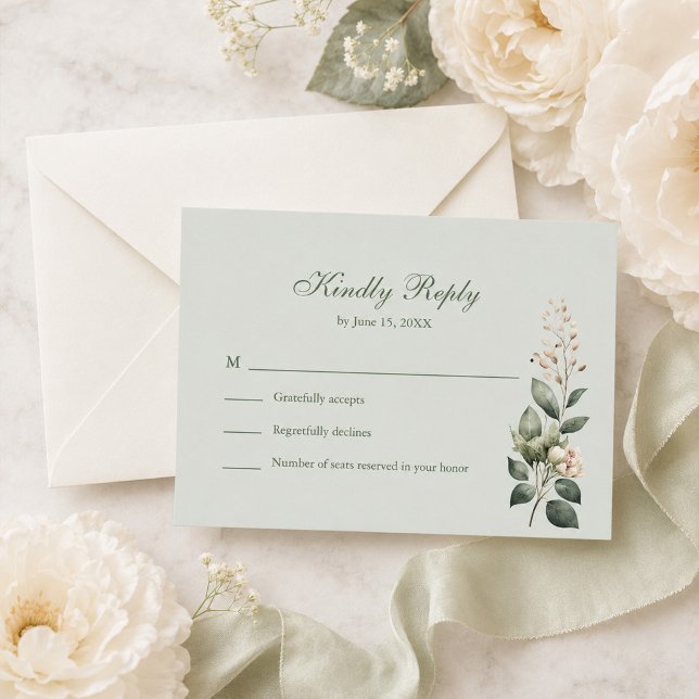 Carte de réponse de mariage florale vert sauge dou (Soft Sage Green Floral Wedding RSVP Card)