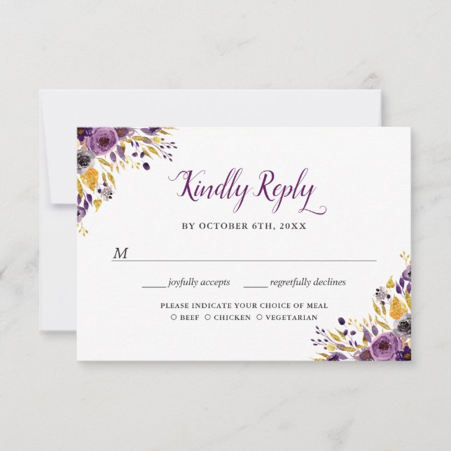 Carte de réponse de mariage florale violet prune (Devant)
