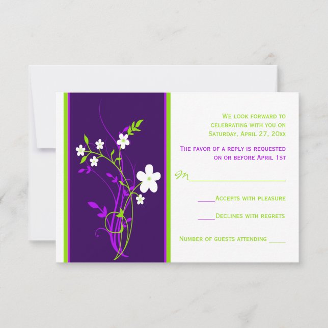 Carte de réponse de mariage florale violette, vert (Devant)