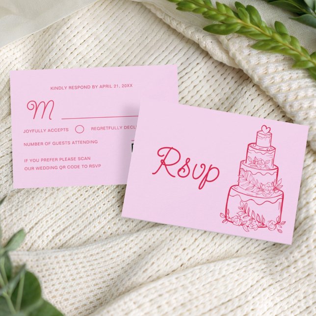 Carte de réponse de mariage gâteau rose avec QR Co (Créateur téléchargé)