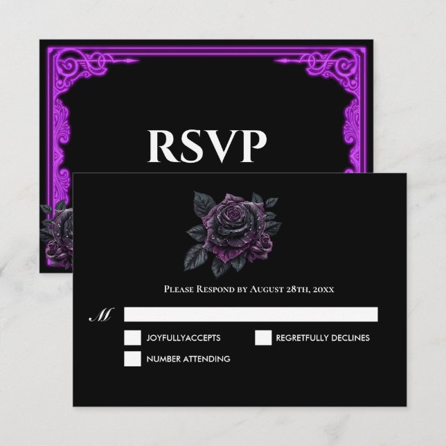 Carte de réponse de mariage gothique à lueur viole (Devant / Derrière)
