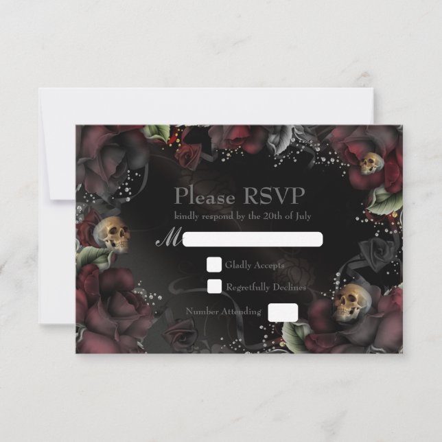 Carte de réponse de mariage gothique Black Roses & (Devant)