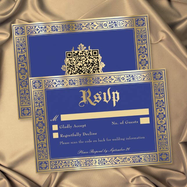 Carte de réponse de mariage gothique bleu or médié (Gothic Blue Gold Medieval Until Death Wedding QR RSVP Card)