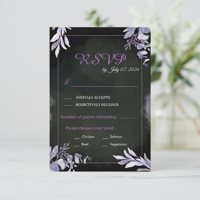 Carte de réponse de mariage gothique florale lavan (Debout devant)