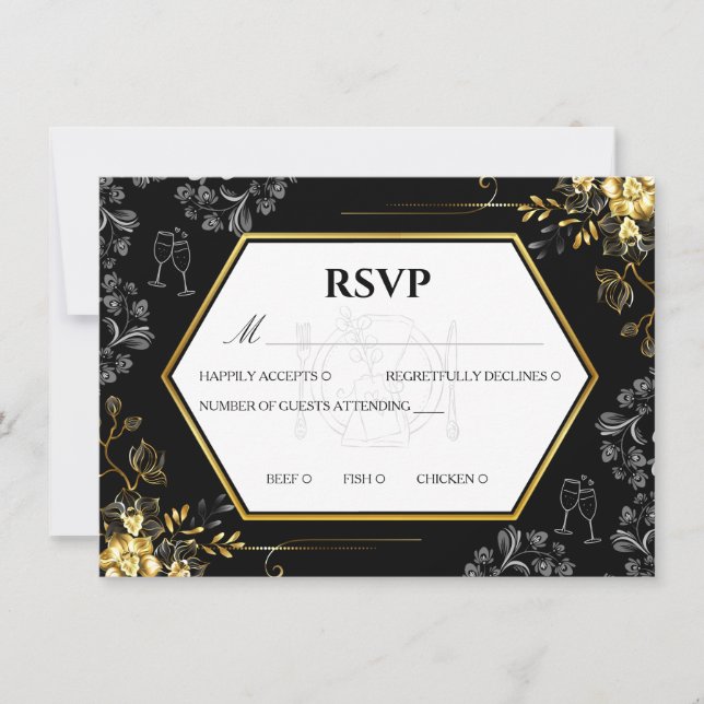 Carte de réponse de mariage gothique noir et or (Devant)