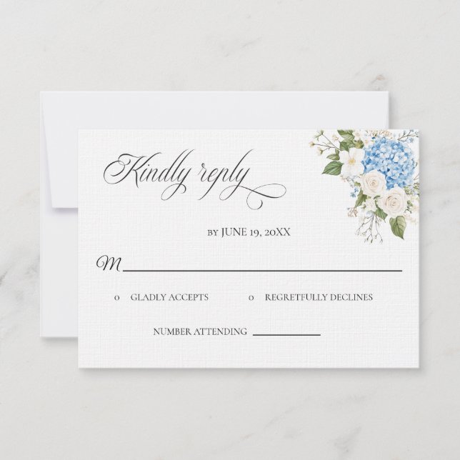 Carte de réponse de mariage Hortensia Bleu (Devant)