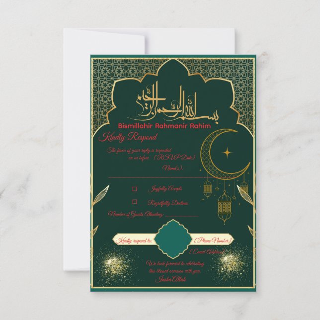Carte de réponse de mariage islamique verte et dor (Devant)