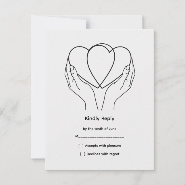 Carte de réponse de mariage Line Art Hearts & Hand (Devant)