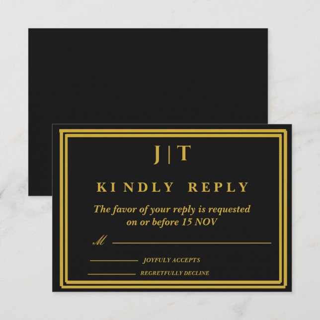 Carte de réponse de mariage Luxe Noir & Or Monogra (Devant / Derrière)