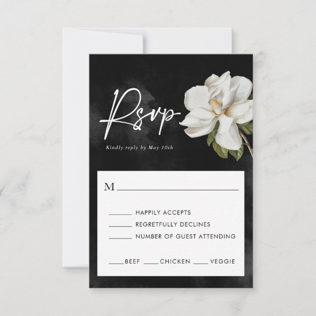 Carte de réponse de mariage Magnolia noir et blanc (Devant)