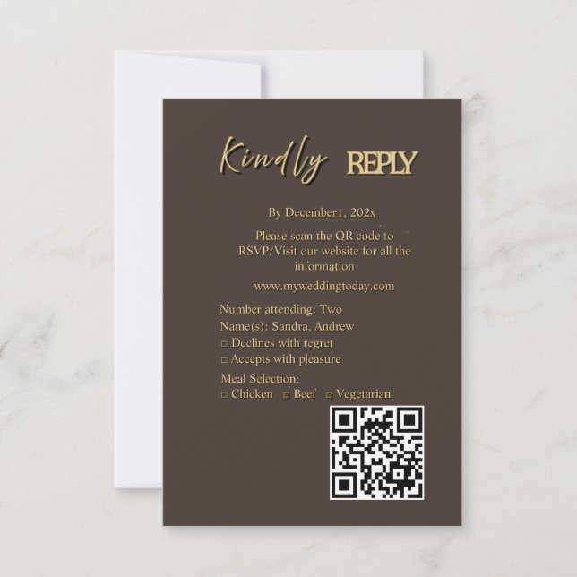 Carte de réponse de mariage marron foncé et or (Devant)