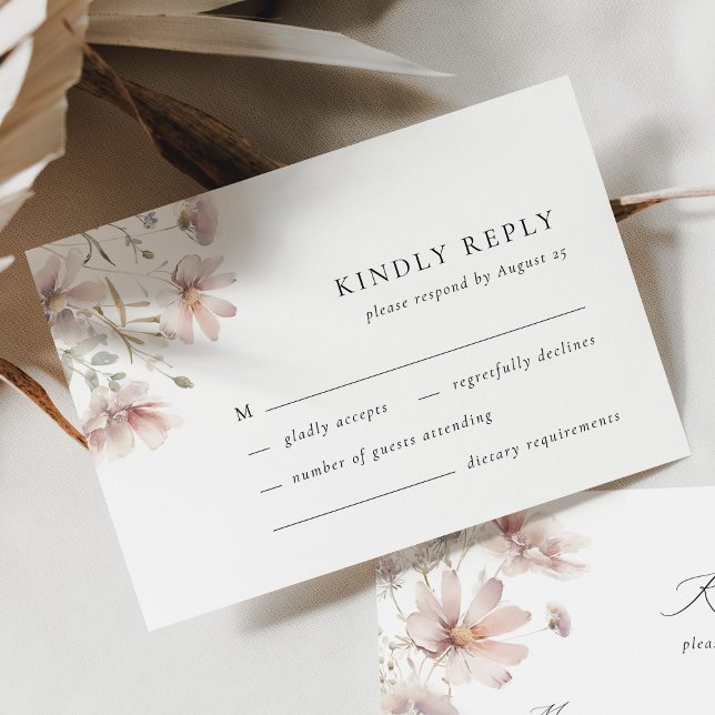 Carte de réponse de mariage minimal bohème à fleur (Minimal blush wildflower RSVP card, elegant floral wedding reply card design)