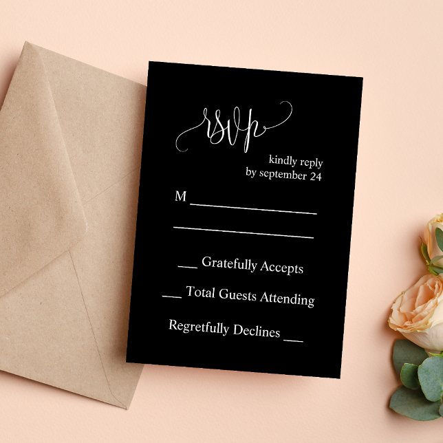Carte de réponse de mariage minimaliste moderne no (Black and white minimalist RSVP card makes guest replies simple with modern elegant style.)