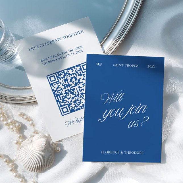 Carte de réponse de mariage moderne bleu et blanc  (QR Code Modern Blue & White Wedding RSVP Card)
