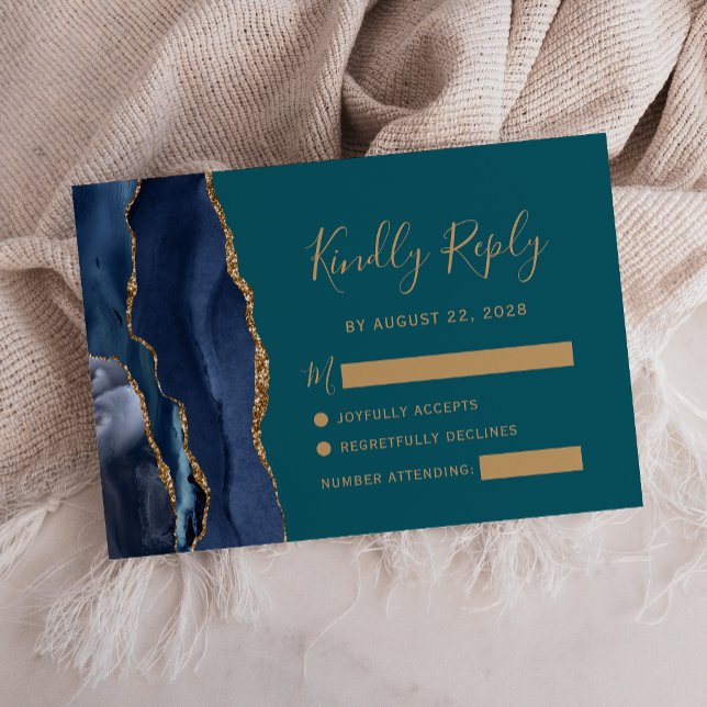 Carte de réponse de mariage moderne bleu navy or a (Créateur téléchargé)