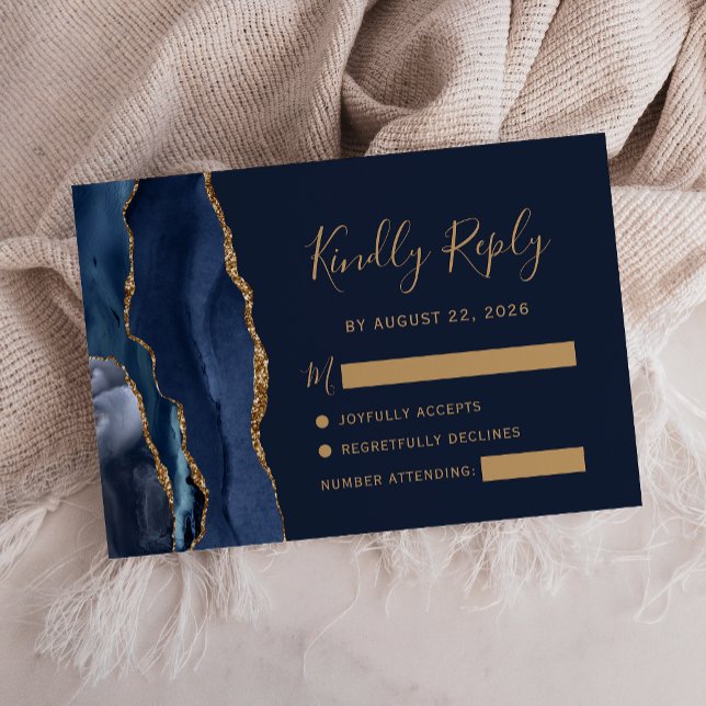 Carte de réponse de mariage moderne bleu navy or a (Créateur téléchargé)