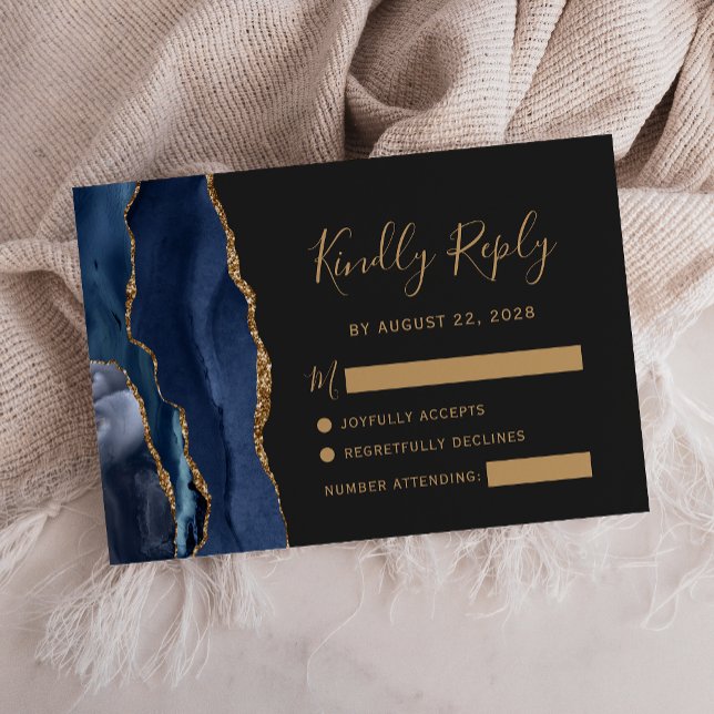Carte de réponse de mariage moderne bleu navy or a (Créateur téléchargé)