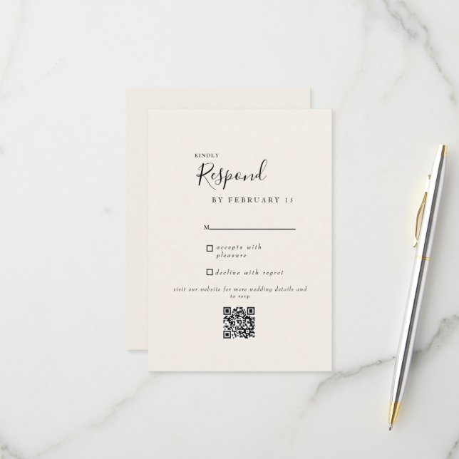 Carte de réponse de mariage moderne crème avec QR  (Devant/Arrière en situation)