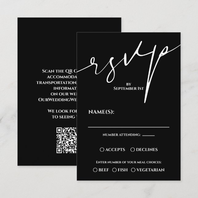 Carte de réponse de mariage moderne QR Code noir e (Devant / Derrière)