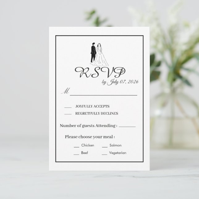 Carte de réponse de mariage monochrome minimal (Debout devant)