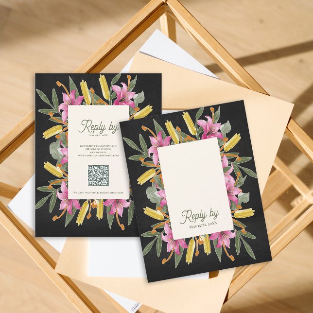 Carte de réponse de mariage Moody Blush Lily avec  (Moody Blush Lily Wedding RSVP Card with QR Code | Elegant Black Floral Botanical Reply Card)