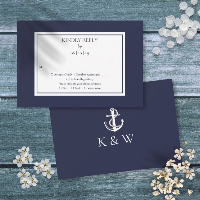 Carte de réponse de mariage nautique à l'ancre en  (Navy Blue Monogram Anchor Nautical Wedding RSVP Card)