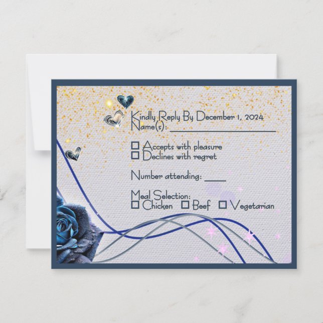 Carte de réponse de mariage Navy Argent Or (Devant)