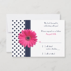 Carte de réponse de mariage Navy Blanc pois rose D