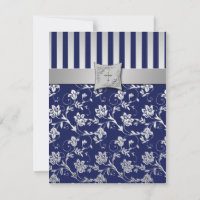 Carte de réponse de mariage Navy et fleurs argenté