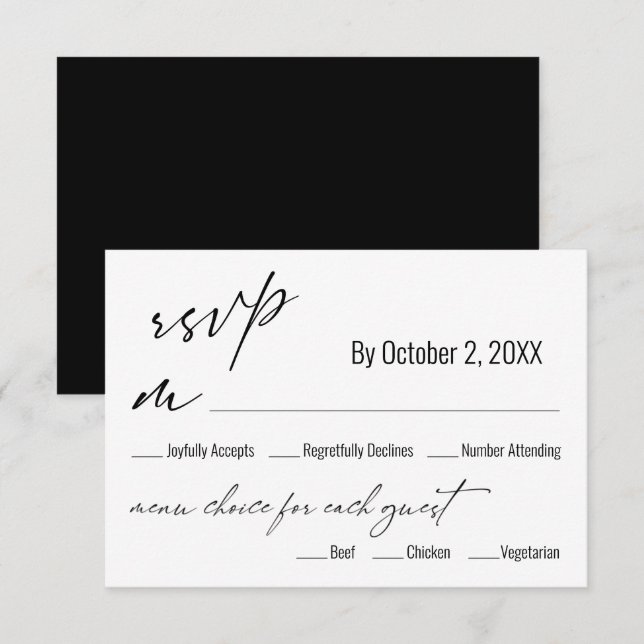 Carte de réponse de mariage noir à choix de menu s (Devant / Derrière)