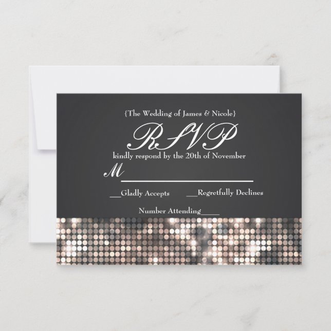 Carte de réponse de mariage noir de glamour à pail (Devant)