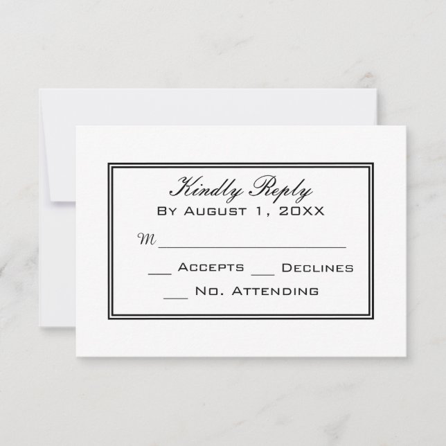 Carte de réponse de mariage noir et blanc minimali (Devant)