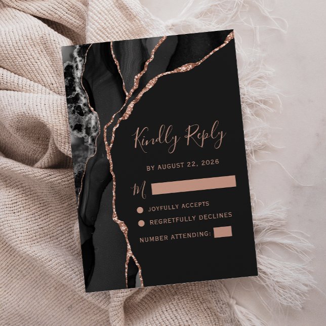 Carte de réponse de mariage noir rose or agate (Créateur téléchargé)