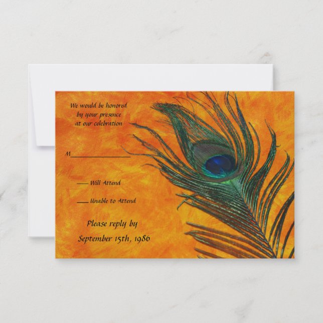 Carte de réponse de mariage orange avec plume de p (Devant)