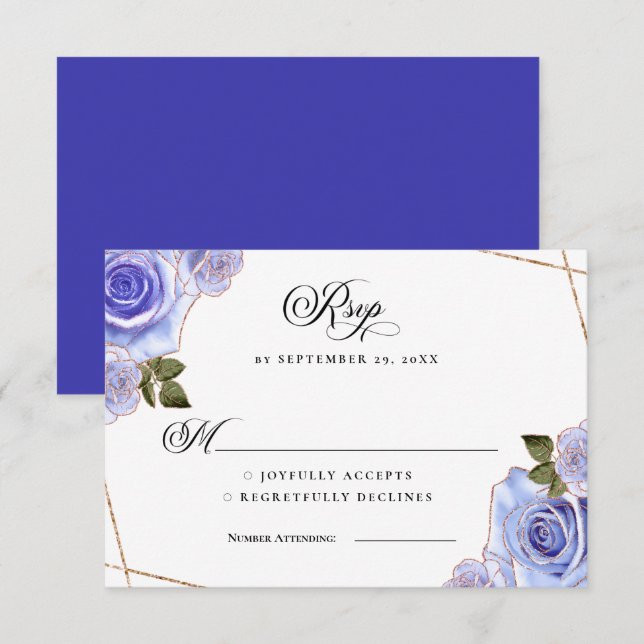 Carte de réponse de mariage pailletée Roses Bleues (Devant / Derrière)