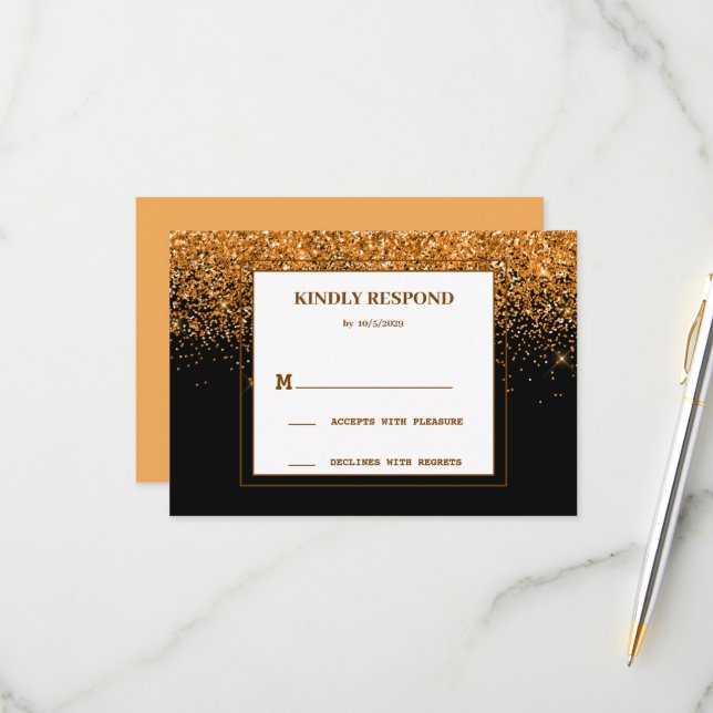 Carte de réponse de mariage Paillettes dorées (Devant/Arrière en situation)