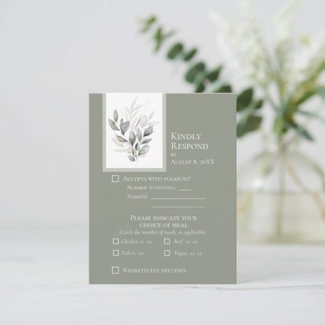 Carte de réponse de mariage plate au eucalyptus ve (Debout devant)