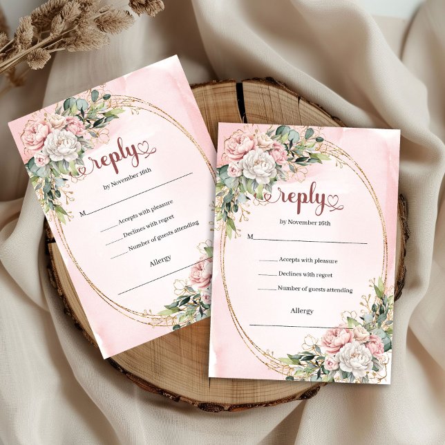 Carte de réponse de mariage poussiéreuse rose inte (Timeless Dusty Pink Greenery Wedding RSVP)