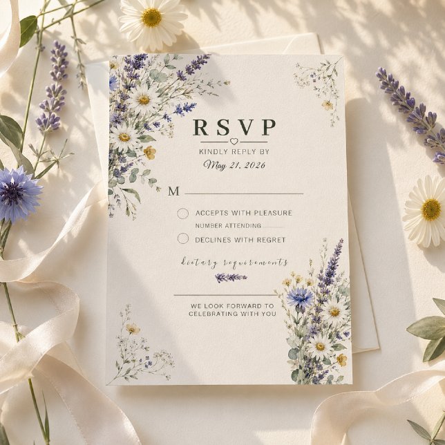 Carte de réponse de mariage Prairie de fleurs sauv (Elegant RSVP card styled with fresh wildflowers and soft natural light.)