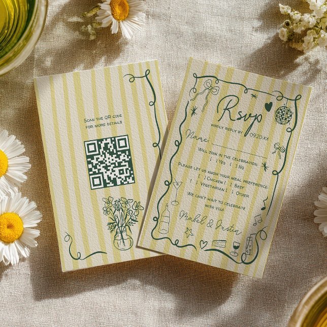 Carte de réponse de mariage QR rétro Citron Vert d (Retro Citrus Green hand drawn wedding QR RSVP Card)
