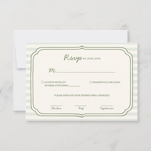 Carte de réponse de mariage rayée vert sauge  (Devant)