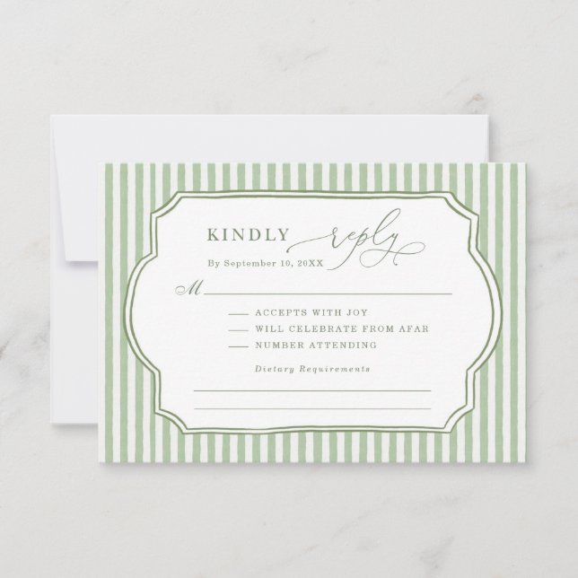 Carte de réponse de mariage rayée vert sauge vinta (Devant)