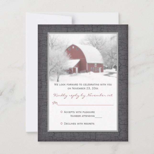 Carte de réponse de mariage Red Barn en hiver (Devant)