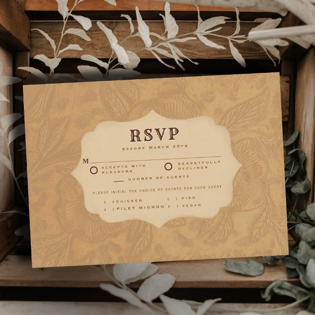 Carte de réponse de mariage repas en terre cuite c (country rustic cowboy wedding rsvp card faux tooled leather terracotta rust western barn)