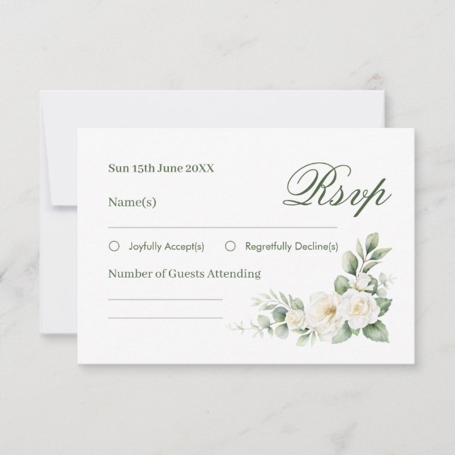 Carte de réponse de mariage Rose Blanche Élégante (Devant)