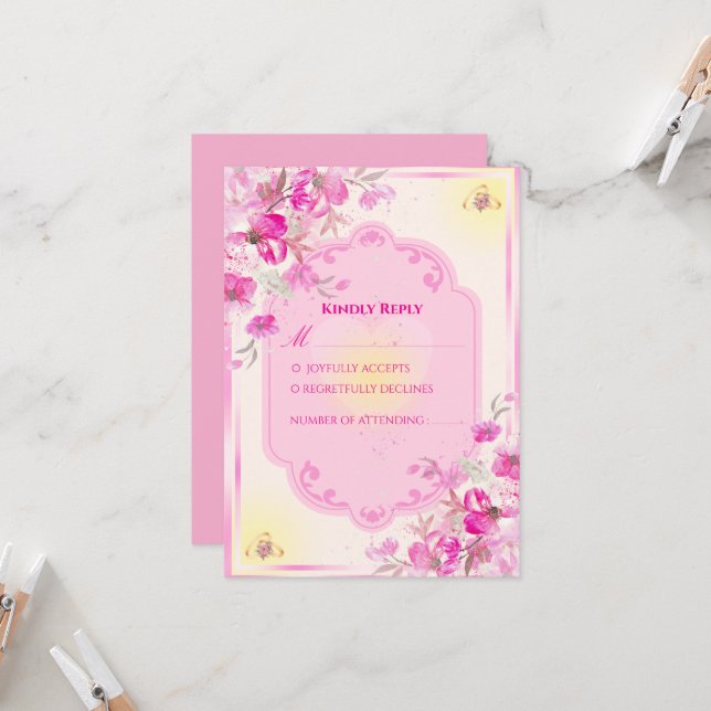 Carte de réponse de mariage rose et or vibrant (Devant/Arrière en situation)
