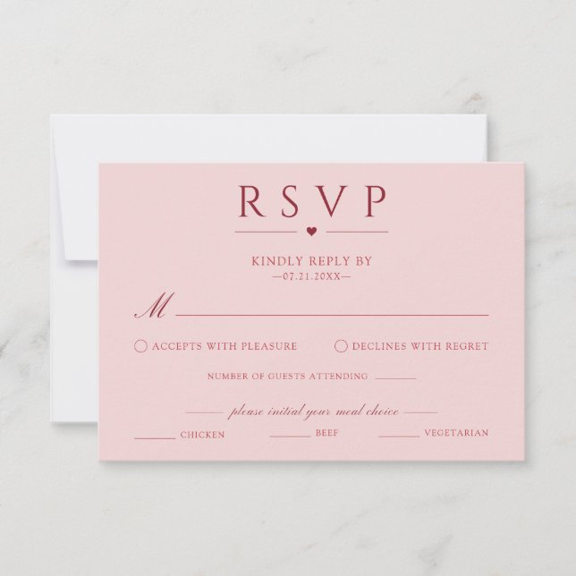 Carte de réponse de mariage rose fardé avec choix  (Devant)
