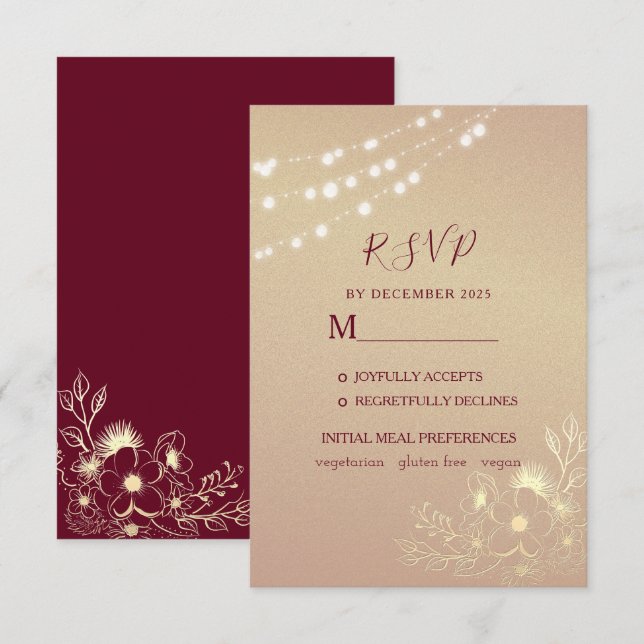Carte de réponse de mariage Rose Gold Bourgogne (Devant / Derrière)